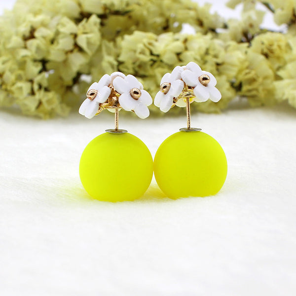 Fashion simulated pearl ball Earrings flower hiphop korea two side Jewelry Double side Stud Earring white statement For Women