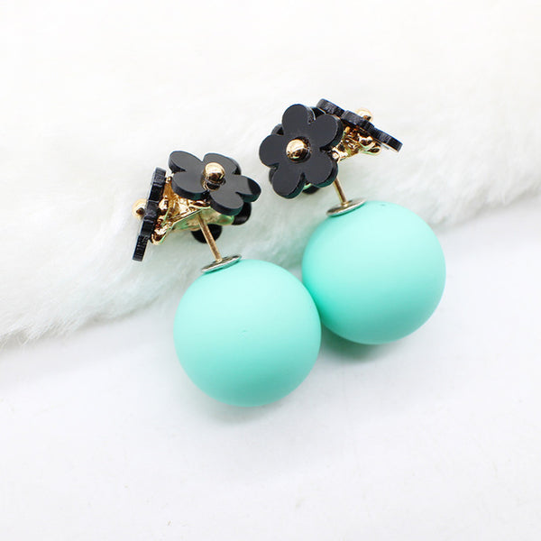 Fashion simulated pearl ball Earrings flower hiphop korea two side Jewelry Double side Stud Earring white statement For Women