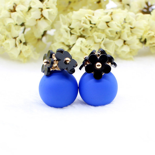 Fashion simulated pearl ball Earrings flower hiphop korea two side Jewelry Double side Stud Earring white statement For Women