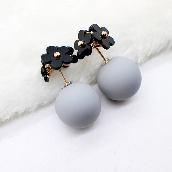 Fashion simulated pearl ball Earrings flower hiphop korea two side Jewelry Double side Stud Earring white statement For Women