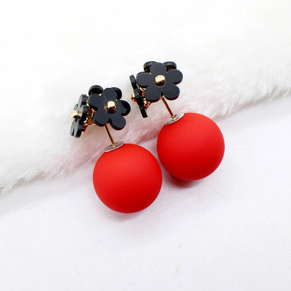 Fashion simulated pearl ball Earrings flower hiphop korea two side Jewelry Double side Stud Earring white statement For Women