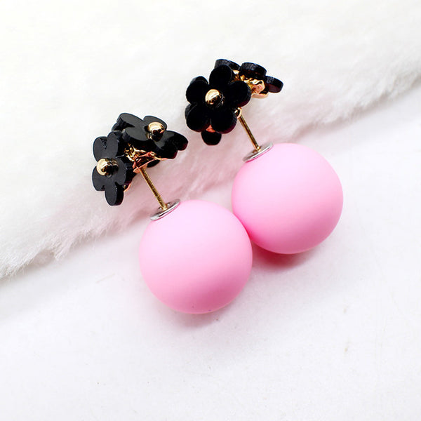 Fashion simulated pearl ball Earrings flower hiphop korea two side Jewelry Double side Stud Earring white statement For Women