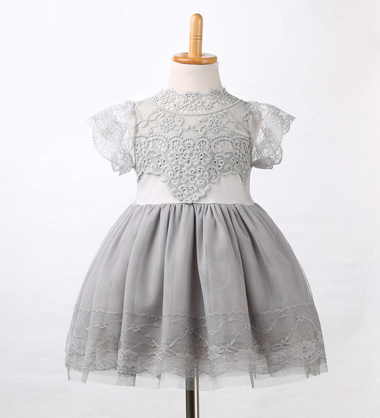 Girls Kid Baby Princess Dresses 2016 New Children Flower Party Clothing Lace Gray Pink White Floral Tulle Tutu Dress Girl Summer