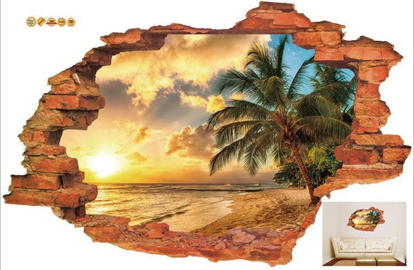 Free shipping:3D Broken Wall Sunset Scenery Seascape Island Coconut Trees Household Adornment Can Remove The Wall Stickers