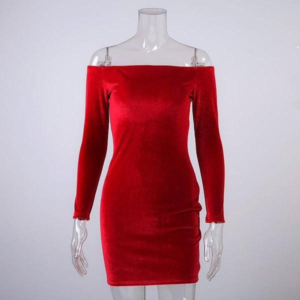 Sexy Off Shoulder Wine Red Sheath Velvet Dress Women Winter Party Long Sleeve 2016 Elegant Pencil Bodycon Ladies Dress Vestidos