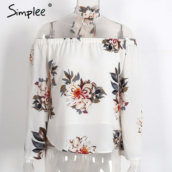 Simplee Floral print off shoulder chiffon blouse Women tops halter cool long sleeve female blouse shirt Sexy loose white blusas