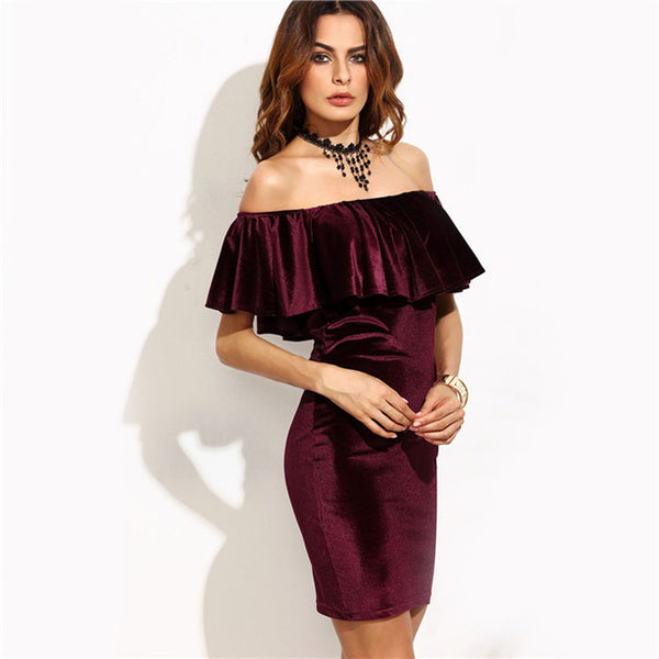 COLROVIE Ruffle Off The Shoulder Velvet Bodycon Dress Sexy Women Short Sleeve Club Wear Mini Dress