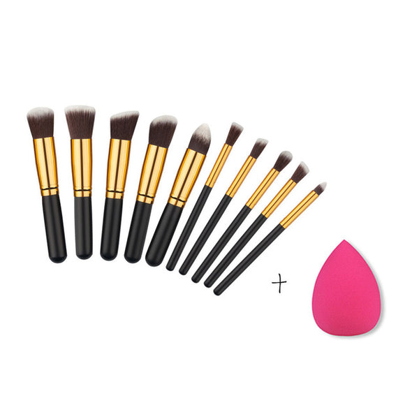 BLUEFRAG Mini 10pcs Makeup Brushes Foundation Blending Blush Make up Brush  + 1 Water Sponge Cosmetics Puff, Beauty tool Kit Set