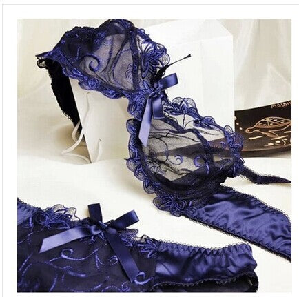 Free shipping  Bra & Brief Sets Flower gauze lace embroidery ultra-thin transparent sexy bra underwear set navy blue black