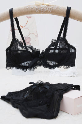 Free shipping  Bra & Brief Sets Flower gauze lace embroidery ultra-thin transparent sexy bra underwear set navy blue black