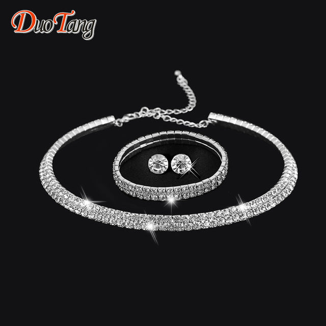 DuoTang Hot Selling Rhinestone Crystal Choker Necklace Earrings and Bracelet Wedding Jewelry Sets Wedding Accessories T0035B1