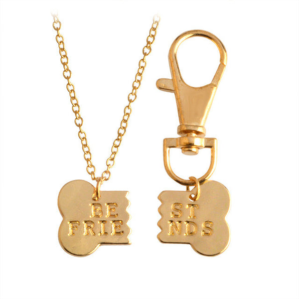 QIHE JEWELRY 2pcs/set Gold Silver Color Dog Bone Best Friends Charm Necklace & Keychain Handstamped BFF Bones Friendship Jewelry