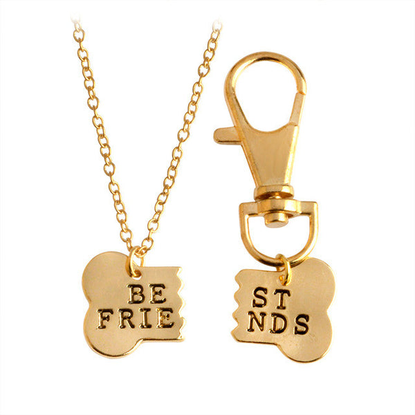 QIHE JEWELRY 2pcs/set Gold Silver Color Dog Bone Best Friends Charm Necklace & Keychain Handstamped BFF Bones Friendship Jewelry