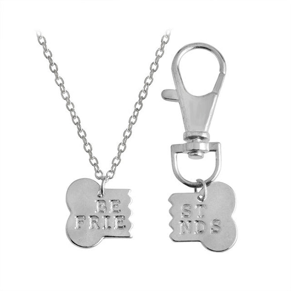 QIHE JEWELRY 2pcs/set Gold Silver Color Dog Bone Best Friends Charm Necklace & Keychain Handstamped BFF Bones Friendship Jewelry