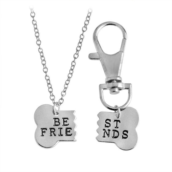 QIHE JEWELRY 2pcs/set Gold Silver Color Dog Bone Best Friends Charm Necklace & Keychain Handstamped BFF Bones Friendship Jewelry