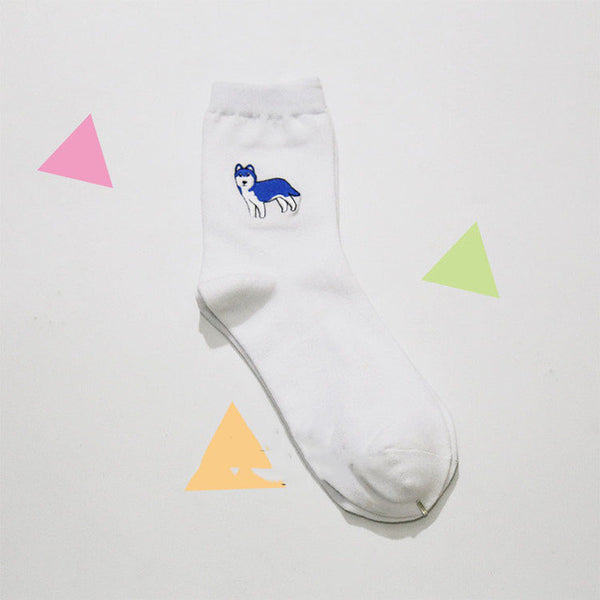 cute animal husky embroidery women cotton white socks lovely dog Jacquard female pure color socks funny kawaii pug meias soks