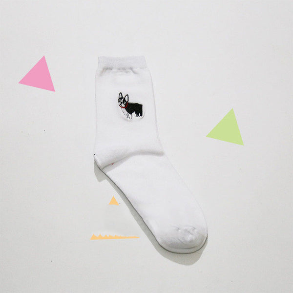 cute animal husky embroidery women cotton white socks lovely dog Jacquard female pure color socks funny kawaii pug meias soks