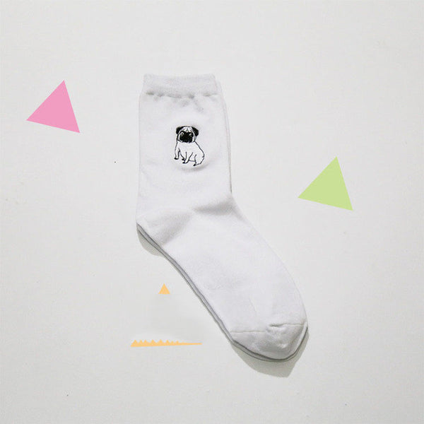 cute animal husky embroidery women cotton white socks lovely dog Jacquard female pure color socks funny kawaii pug meias soks