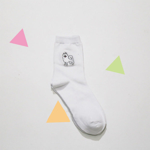 cute animal husky embroidery women cotton white socks lovely dog Jacquard female pure color socks funny kawaii pug meias soks