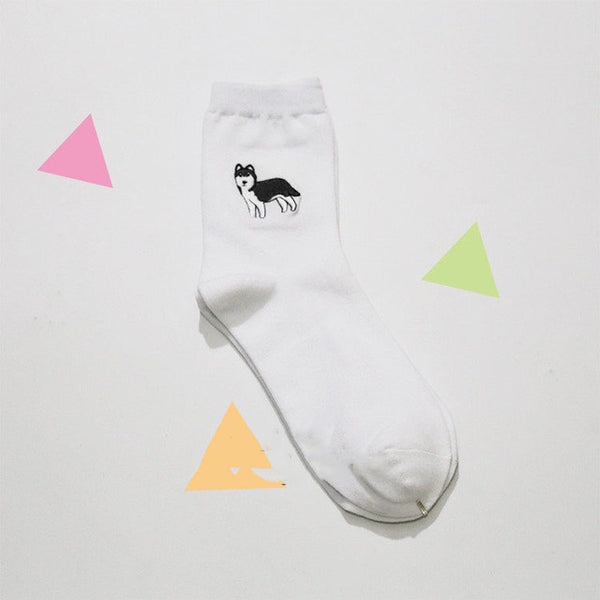 cute animal husky embroidery women cotton white socks lovely dog Jacquard female pure color socks funny kawaii pug meias soks