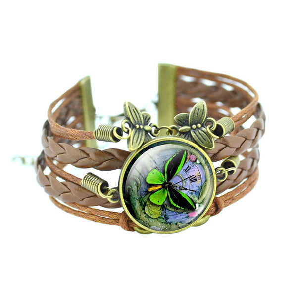 LIEBE ENGEL Classic Butterfly Bangles Bracelets Fashion Glass Cabochon Bracelet for Women Newest Bronze Leather Bracelet