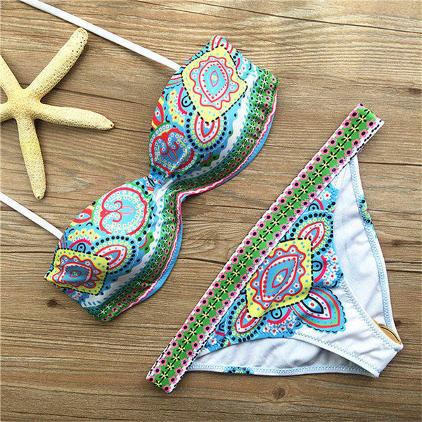 Printed Bikini Bandeau Push Up Swimwear Women Strapless Underwire Swimsuit Trikini Female Sexy Beach Wear