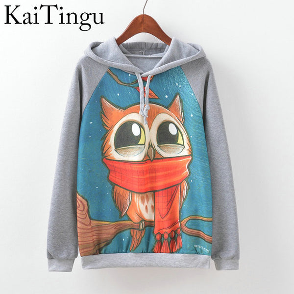 KaiTingu Brand Fashion Autumn Winter Long Sleeve Women Sweatshirt Harajuku Owl Print Hoodies Hooded Tracksuit Jumper Pullover