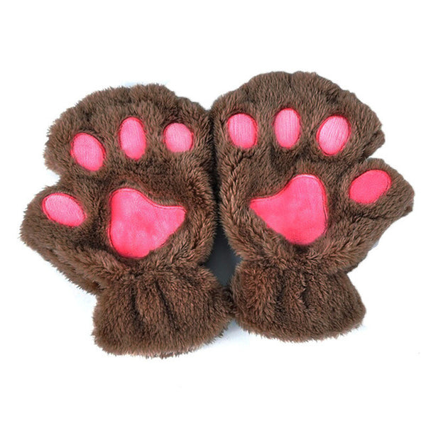 Winter Women Cute Cat Paw Claw Plush Mittens Short Fingerless Finger Half Gloves-J117