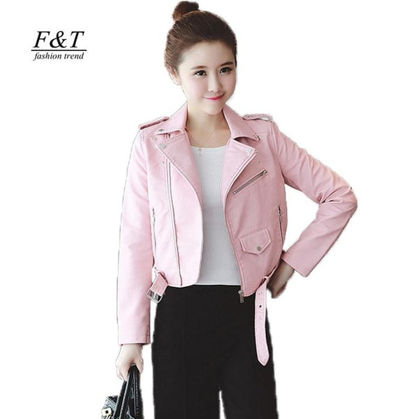 Autumn Winter Pink Blue Women Leather Jackets Soft Pu Faux Leather Coats Slim Short Design Turn Down Collar Motorcycle Outwear