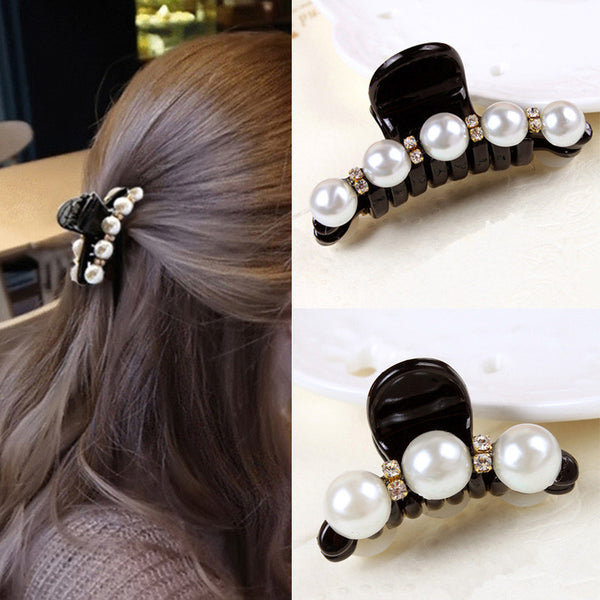 New 1 Pc Women Fashion Black Crystal Pearl Rhinestone Hair Clip Claw Hair Accessories