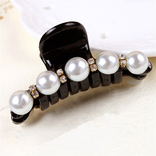 New 1 Pc Women Fashion Black Crystal Pearl Rhinestone Hair Clip Claw Hair Accessories