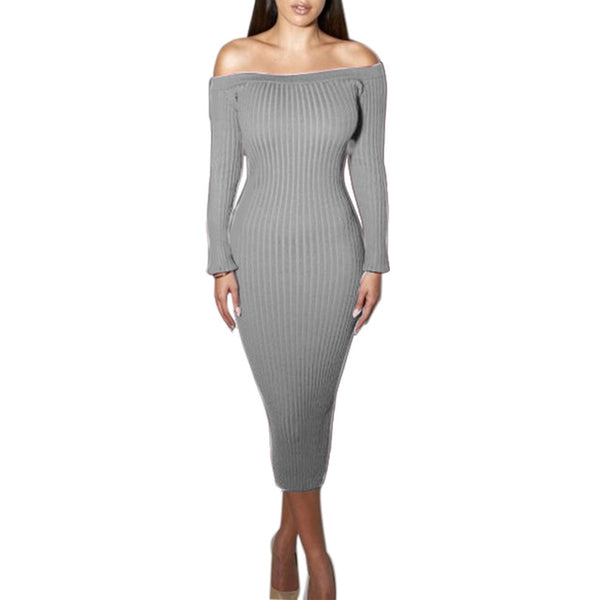 Fashion Long Sleeve Off Shoulder Slash Neck Sexy Club Women Dress Slim Bodycon Knitted Sweater Knee-Length Party Night Dresses