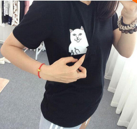 SexeMara 2016 New Summer Pocket Harajuku Cat Lovers Women Top Short-sleeve T shirt  Sweet Style Black/White/Grey Plus Size