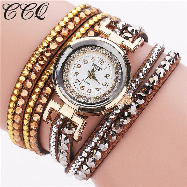 CCQ Brand Fashion Leather Bracelet Watch Women Luxury Full Crystal Quartz Wristwatch Relogio Feminino Clock C82
