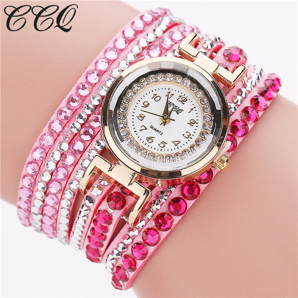 CCQ Brand Fashion Leather Bracelet Watch Women Luxury Full Crystal Quartz Wristwatch Relogio Feminino Clock C82