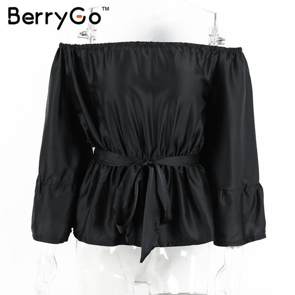 BerryGo Sexy off shoulder ruffle satin blouse shirt Soft flare sleeve bow summer tops Elegant glossy pink women blouses blusas