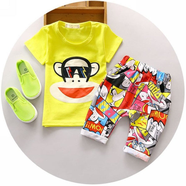 2016 New Summer baby sets boys clothes cotton o-neck shorts with character print children toolders clothing set suit A122-A159