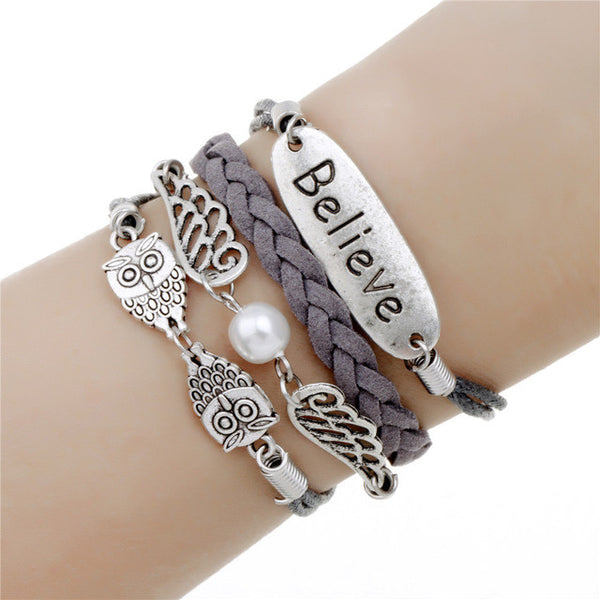 Juegos Del Hambre Vintage Bird Owls Anchor Bracelets Wrap Leather Bracelet Charm bracelets pulseira couro bracelets for women