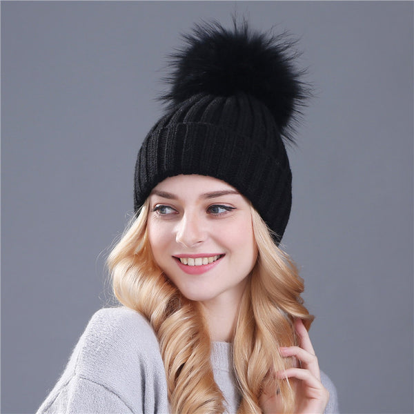 Xthree mink and fox fur ball cap pom poms winter hat for women girl 's hat knitted  beanies cap brand new thick female cap