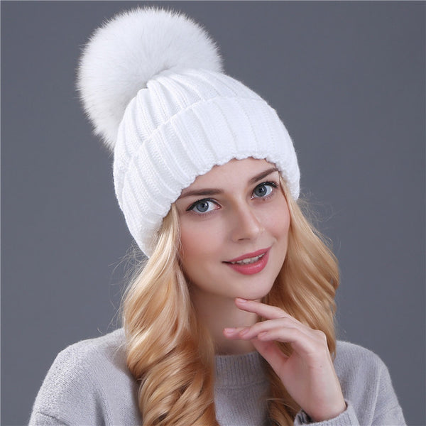 Xthree mink and fox fur ball cap pom poms winter hat for women girl 's hat knitted  beanies cap brand new thick female cap