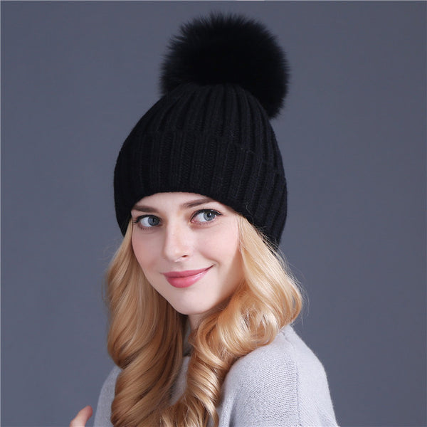 Xthree mink and fox fur ball cap pom poms winter hat for women girl 's hat knitted  beanies cap brand new thick female cap