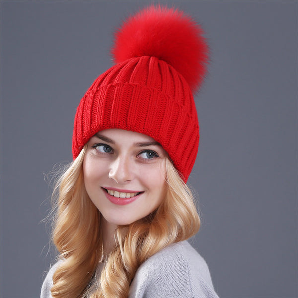 Xthree mink and fox fur ball cap pom poms winter hat for women girl 's hat knitted  beanies cap brand new thick female cap