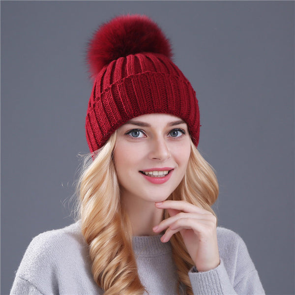 Xthree mink and fox fur ball cap pom poms winter hat for women girl 's hat knitted  beanies cap brand new thick female cap