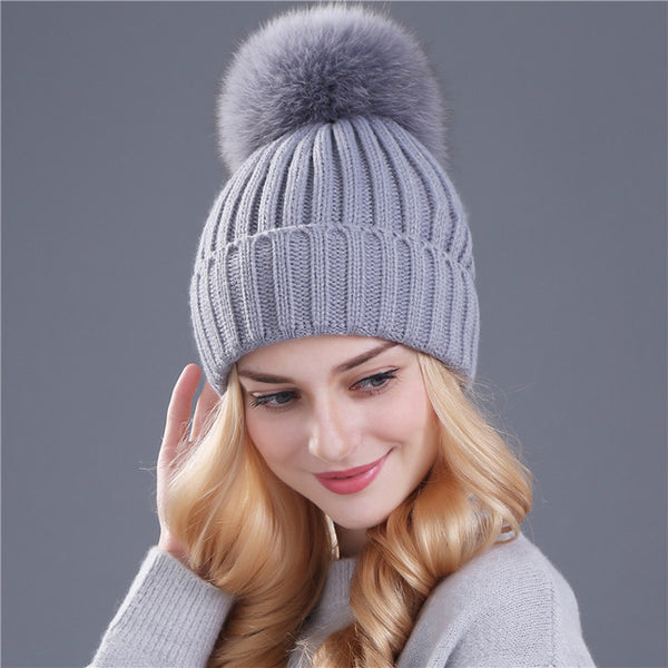 Xthree mink and fox fur ball cap pom poms winter hat for women girl 's hat knitted  beanies cap brand new thick female cap