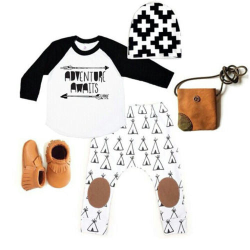 2016 New 0-18M Newborn Baby Boys Girls Clothes Long Sleeve Cotton T-shirt Tops Pants Hat 3PCS Outfit Toddler Kids Clothing Set
