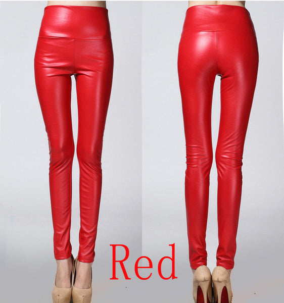 2016 Thicken Winter PU Leather women pants high waist elastic fleece stretch Slim woman pencil pants skinny trousers 25 colors