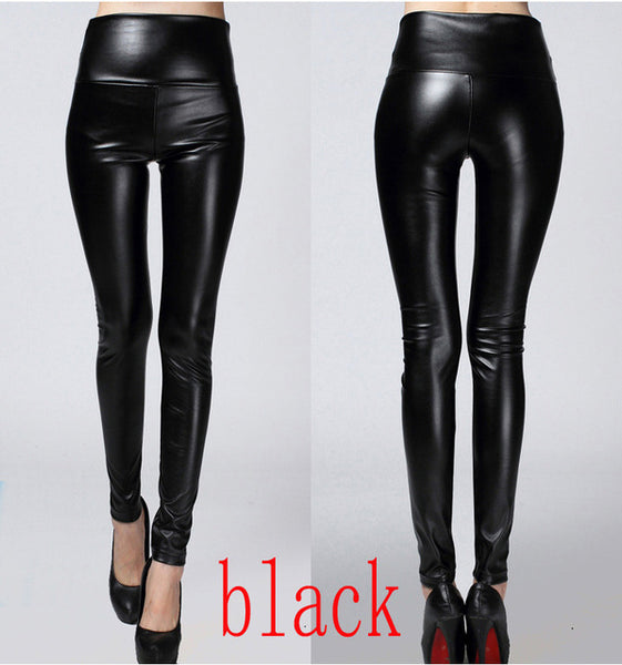 2016 Thicken Winter PU Leather women pants high waist elastic fleece stretch Slim woman pencil pants skinny trousers 25 colors