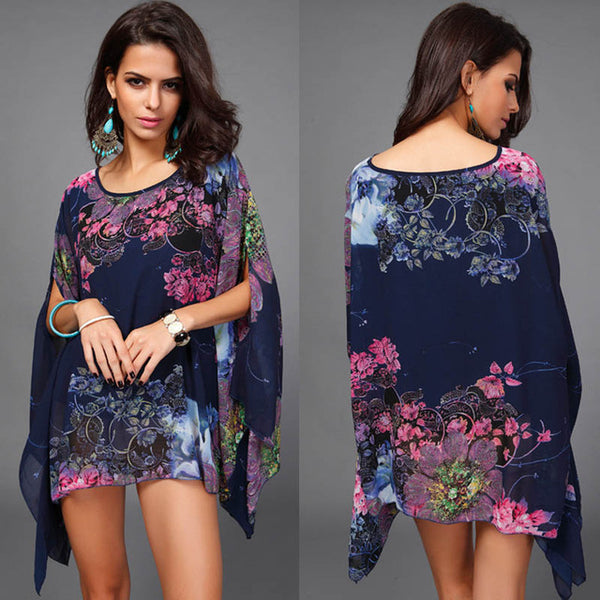 Boho Batwing Sleeve Chiffon Blouse Women Casual Floral Print Loose Kimono Shirts Big Size Beach Tunic Tops Peplum Blusas Robe