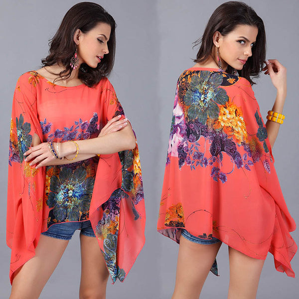 Boho Batwing Sleeve Chiffon Blouse Women Casual Floral Print Loose Kimono Shirts Big Size Beach Tunic Tops Peplum Blusas Robe