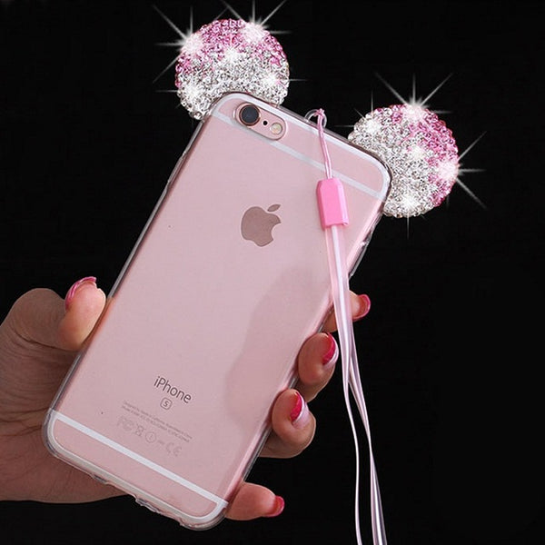 For iPhone 7 6 Case Lovely Cute 3D Mickey Mouse Ear Cover for iPhone 7 6s Plus 5 5s Rhinestone Ears Soft TPU Protect Phone Cases